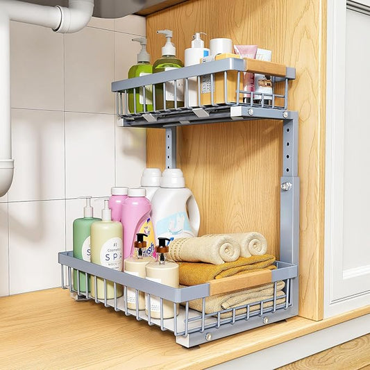 PXRACK Under Sink Organizer, Adjustable Height, 2 Tier Pull Out Under Cabinet Organizer, Slide Out Thickened Metal Under Sink Storage for Kitchen Bathroom Laundry Pantry Cabinet, Grey, Large-1-Pack by PXRACK