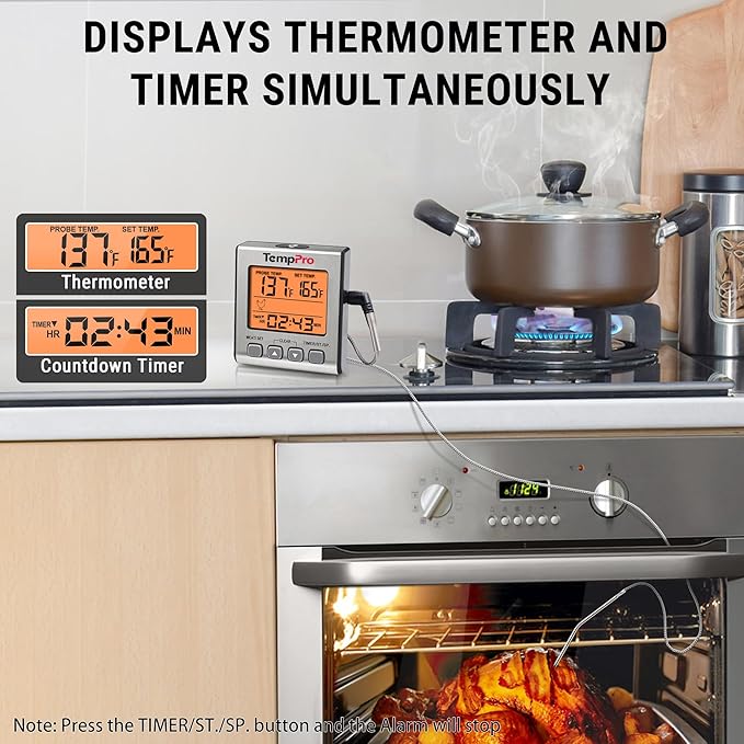 TempPro Digital Meat Thermometer for Cooking and Grilling, BBQ Food Thermometer with Backlight and Kitchen Timer, Grill Temperature Probe Thermometer for Smoker, Oven, Baking,Oil(Previously ThermoPro) - Image 3