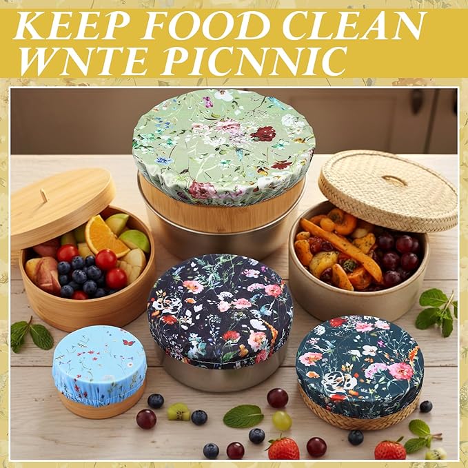 Patelai 10 Pcs Bowl Covers Reusable in 5 Size Stretch Cloth Fabric Elastic Food Storage Bowl Covers Bread Sourdough Lids for Proofing Food Fruits Leftover (Colorful,Rich Flowers) - Image 4