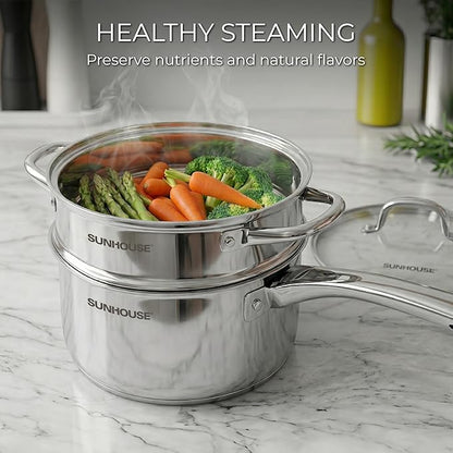 SUNHOUSE Stainless Steel Sauce Pan with Lid - Tri-Ply 2 Quarts Steamer for Cooking, Small Cooking Pot with Steamer Basket, Induction Compatible Steam Pot for Vegetable - Image 8