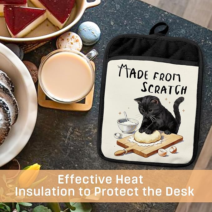 Black Cat Baking Pot Holders with Pockets, Made from Scratch Funny Black Cat Oven Pot Holders Heat Resistant Oven Mitts Hot Pads for Kitchen Baking Cooking
