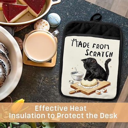 Black Cat Baking Pot Holders with Pockets, Made from Scratch Funny Black Cat Oven Pot Holders Heat Resistant Oven Mitts Hot Pads for Kitchen Baking Cooking