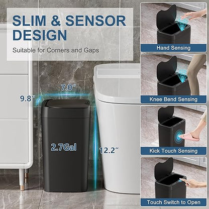 Vanpopubs 2 Pack 2.7 Gal Bathroom Trash Can with Lid, Automatic Trash Can Small Smart Garbage Can Touchless, Slim Motion Sensor Waterproof Plastic Trash Bins for Bedroom Office Kitchen Toilet Black - Image 2