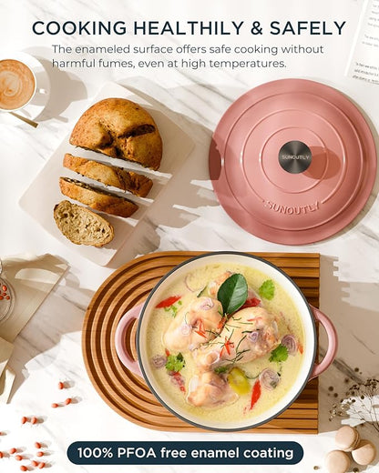 Enameled Cast Iron Dutch Oven - 6QT Dutch Oven Pot with Lid & Cotton Potholders - Heavy-Duty Non Stick Casserole Pot for Braising, Stews, Roasting, Baking, Suitable for All Stovetops, Gentle Pink - Image 2