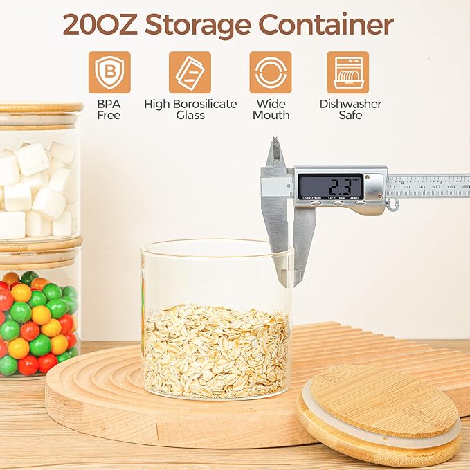 ComSaf Airtight Glass Food Storage Jars Set of 6, 0.6 Qt Clear Glass Food Storage Container with Sealing Wooden Lid, Stackable Spice Jar, Round Kitchen Canister for Sugar, Tea, Coffee bean, Pasta, Oat - Image 9