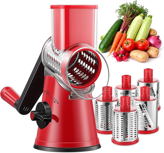 GDL Rotary Cheese Grater Hand Crank with 5 Interchangeable Blades - Upgraded Cheese Shredder Featuring Strong Suction Base for Cheese Shredding, Wavy Slicing, Nut Grinding, Ice Shaving