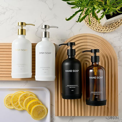 Glass Soap Dispenser Bathroom Set by Janxin, Foaming Kitchen soap Dispenser with Ceramic Tray for Dish Soap, Liquid Soap Dispenser for Hand Soap, Lotion, Body Wash (Amber)