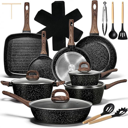 EWFEN 25 Pcs Pots and Pans Set, Nonstick Ceramic Cookware Sets, Healthy Non-Toxic, Large Capacity, Induction Compatible, Cooking Set with Frying Pans & Saucepans, PFAS/PTFE/PFOA Free, Classic Black by EWFEN