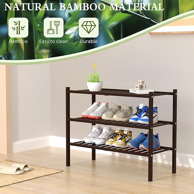 ROMGUAR CRAFT 3 Tier Bamboo Shoe Rack for Closet Free Standing Wood Shoe Shelf for Entryway Small Space Stackable 27"x11"x20" (Brown) - Image 6
