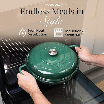 Shallow Cast Iron Casserole with Lid – Non Stick Dutch Oven Pot, Oven Safe up to 500° F – Sturdy Ovenproof Stockpot Cookware – Enamelled Cooking Pot – Dark Green, 3L, 30cm – by Nuovva