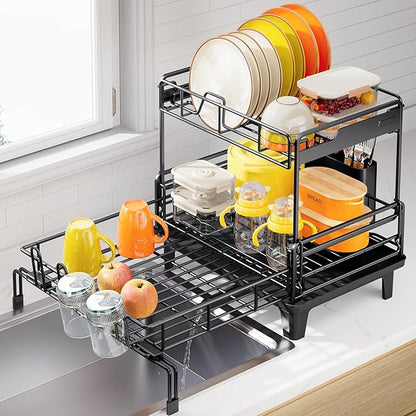 Urackify Dish Drying Rack - Extendable Dish Drainer, Large Dish Rack for Kitchen Counter, Rustproof Dish Strainer with Utensil Holder and Cups Holder, 2 Tier Black by Urackify