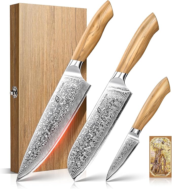 Emojoy Damascus Kitchen Knife Set, 3 PCS Japanese Chef Knife Set, 67-Layers Damascus Knife with Original Olive Wood Handle, Include Wooden Gift Box by EMOJOY
