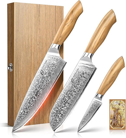 Emojoy Damascus Kitchen Knife Set, 3 PCS Japanese Chef Knife Set, 67-Layers Damascus Knife with Original Olive Wood Handle, Include Wooden Gift Box by EMOJOY
