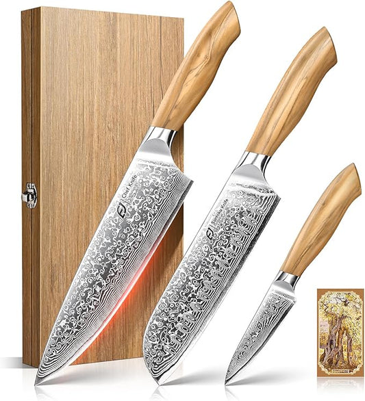 Emojoy Damascus Kitchen Knife Set, 3 PCS Japanese Chef Knife Set, 67-Layers Damascus Knife with Original Olive Wood Handle, Include Wooden Gift Box by EMOJOY