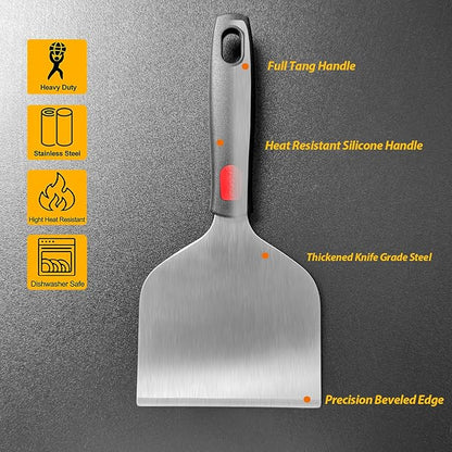 Vovoly Wide Griddle Scraper, 4.3“x4.3'' Smashed Burger Scraper Grill Scraper Spatula Burger Turner - Full Tang Silicon Handle Professional Grade Grill Accessories, Knife Grade Stainless Steel - Image 3