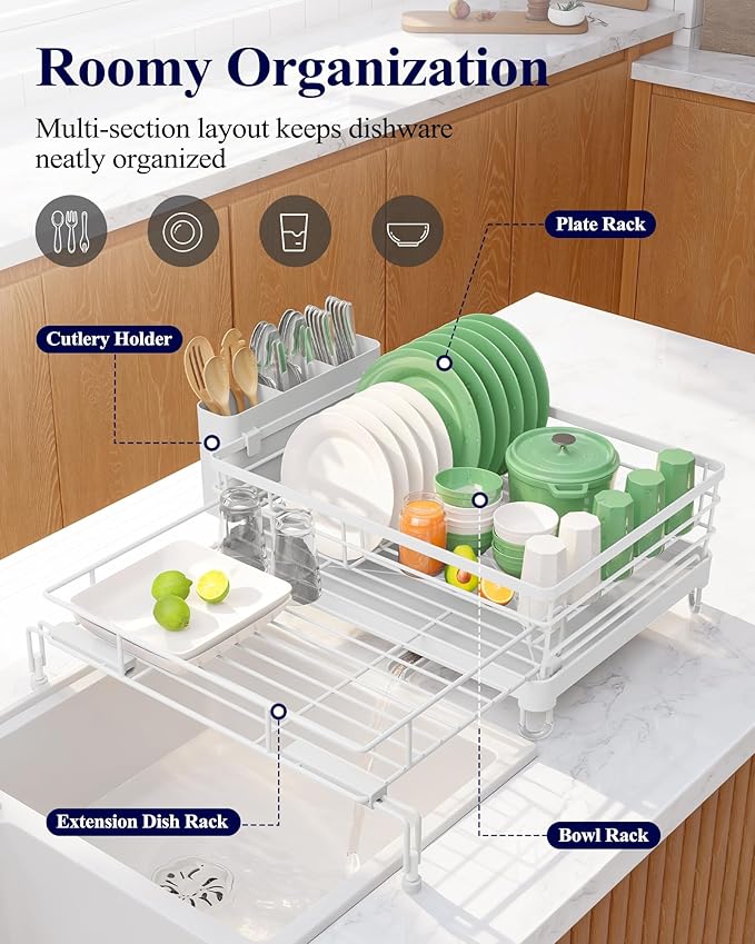 Kitsure Extendable Dish Drying Rack - Rust-Resistant Dish Racks for Kitchen Counter with Adjustable Support Legs, Cutlery Holder & Removable Draining Tray (White, 15.6''-25.2''L × 16.9''W × 8.1''H) - Image 2
