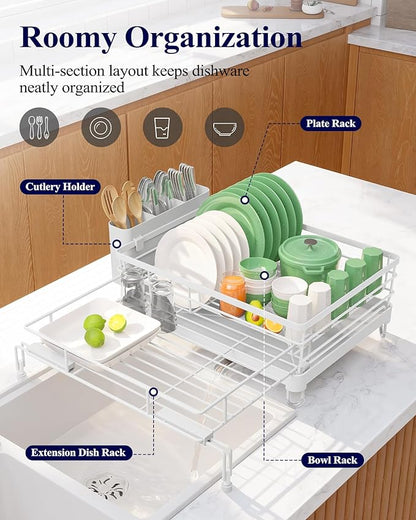 Kitsure Extendable Dish Drying Rack - Rust-Resistant Dish Racks for Kitchen Counter with Adjustable Support Legs, Cutlery Holder & Removable Draining Tray (White, 15.6''-25.2''L × 16.9''W × 8.1''H) - Image 2