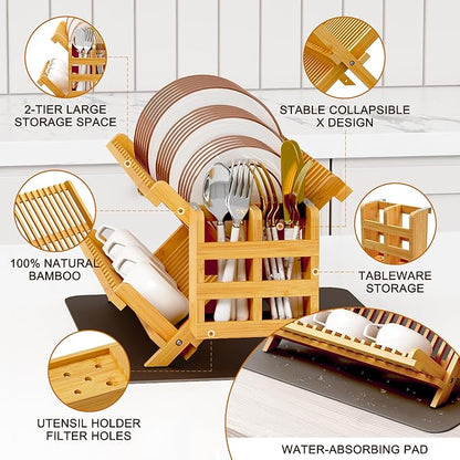 Greenual Bamboo Dish Drying Rack with Utensil Holder, 2 Tier Collapsible Dish Rack, Wooden Dish Racks for Kitchen Counter, Folding Drying Holder with Absorbent Dish Drying Mat - Image 5