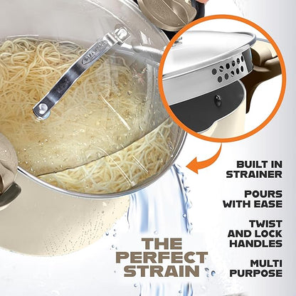 GOTHAM STEEL 5 Qt Ceramic Stock Pot Multipurpose Pasta Pot with Strainer Lid & Twist and Lock Handles, Nonstick Ceramic Pot for Soup, Spaghetti, Rice, Pots for Kitchen, Dishwasher Safe - Cream - Image 2