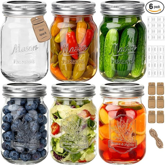 Eathtek 16 oz Glass Mason Jars with Regular Lids, 6 Pack 500 ml Canning Jars With Labels, Tags & Twine for Jam Jelly Spice Honey Herbs, Shower Favors Food Storage Wedding & Party Decor