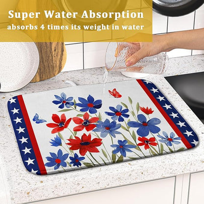 Giwawa 4th of July Flower Dish Drying Mat 16"x18" Independence Day Stars Dish Drainer Mats Watercolor Patriotic Floral Microfiber Dish Drying Rack Pad for Kitchen Countertop Decor