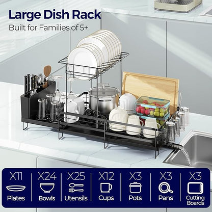 Large Dish Drying Rack, Expandable Dish Rack for Kitchen Counter, Dish Drainer with Drainboard Set, Multifunctional Dishrack with Utensil & Cup Holder, 13.4"-28.7" L x 11.8" W x 9.3" H, Black - Image 3