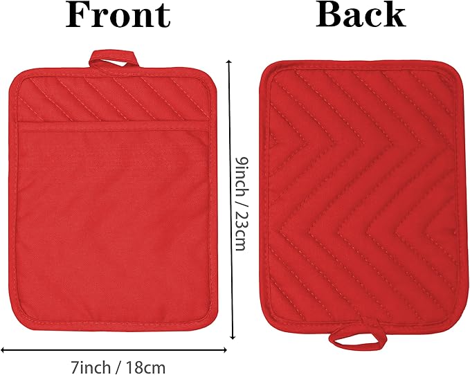 Oven Pot Holder with Pocket Cotton Heat Resistant Coaster Potholder Kitchen Hot Pad Oven Mitts for Cooking Square 7"x9"Set of 5 (Red) - Image 2