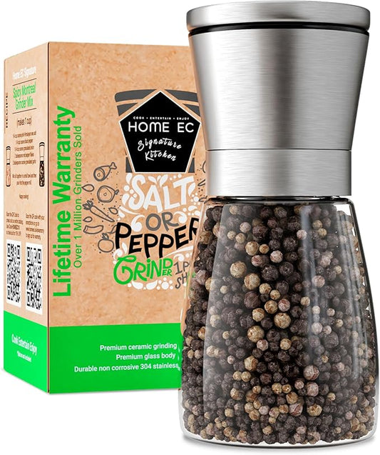 HOME EC Original Stainless Steel Salt or Pepper Grinder 1pk - Adjustable Ceramic Sea Salt Grinder or Pepper Mill - Tall Glass Spice Shaker - Spice Mill w/EBook by HOMEEC