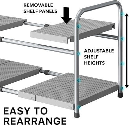 Simple Houseware Under Sink 2-Tier Heavy Duty Expandable Rack Organizer, Adjustable Width 15.75–25 Inches with 4 Shelf Height Levels, Silver