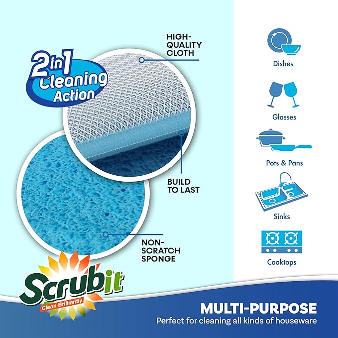 Scrub and Wipe Cleaning Sponges [10 Pack] – SCRUBIT Dual Sided Scouring Pad and Sponge - Reusable Kitchen Scrubbing Sponges for Dishes, Pots, Pans Utensils & Non-Stick Cookware (Blue) - Image 3