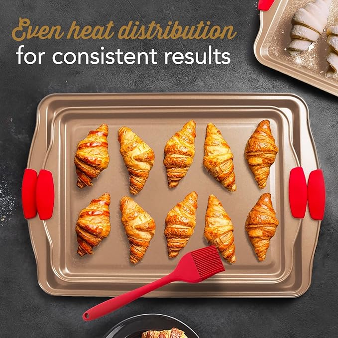 Baking Sheet Set, 3-Piece Cookie Sheet Set with Silicone Handles, Steel Baking Pans Set, Durable Baking Sheets for Oven, BPA Free Cookie Sheets for Baking Nonstick Set, Sheet Pan - Bronze Baking Pan - Image 5