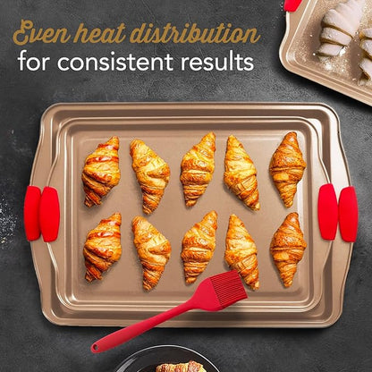 Baking Sheet Set, 3-Piece Cookie Sheet Set with Silicone Handles, Steel Baking Pans Set, Durable Baking Sheets for Oven, BPA Free Cookie Sheets for Baking Nonstick Set, Sheet Pan - Bronze Baking Pan - Image 5