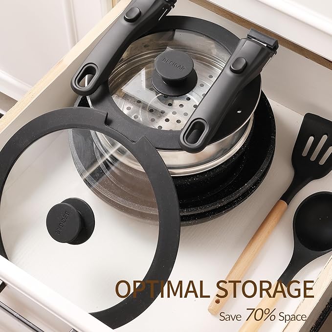BECIGAR Nonstick Ceramic Cookware Set 21PCS with Detachable Handle, Pans and Pots Set, RV Kitchen Set Cookware Set, Pan Pots with Removable Handles, Oven Safe, Induction Ready(Black) - Image 8
