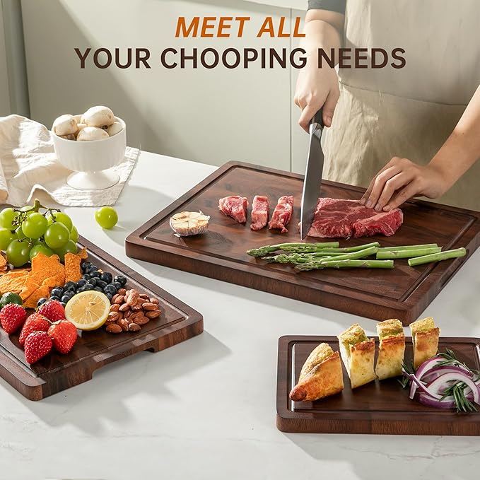 THETCHRY Walnut Wood Cutting Board Set, End Grain Cutting Boards for Kitchen with Handle, Non Toxic Wooden Charcuterie Boards Double Sided, Butcher Block for Meal Prep & Serving with Gift Box - Image 4