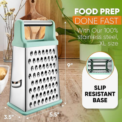 Spring Chef Professional Cheese Grater - Stainless Steel Box Grater for Kitchen, XL Size - Perfect 4 Sided Shredder for Parmesan Cheese, Vegetables, Ginger - Dishwasher Safe - Mint - Image 4