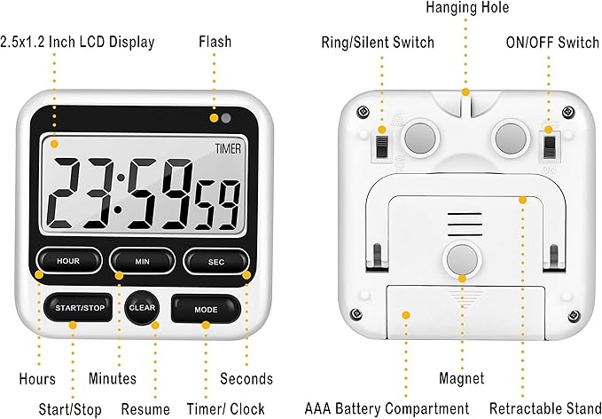 KTKUDY Digital Kitchen Timer with Mute/Loud Alarm Switch ON/Off Switch, 12-Hour Clock & Alarm, Memory Function Count Up & Count Down for Kids Teachers Cooking, Large LCD Display, Strong Magnet (Black) - Image 7