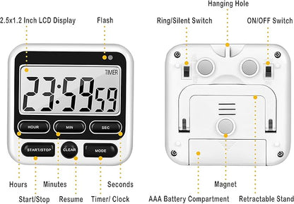 KTKUDY Digital Kitchen Timer with Mute/Loud Alarm Switch ON/Off Switch, 12-Hour Clock & Alarm, Memory Function Count Up & Count Down for Kids Teachers Cooking, Large LCD Display, Strong Magnet (Black) - Image 7