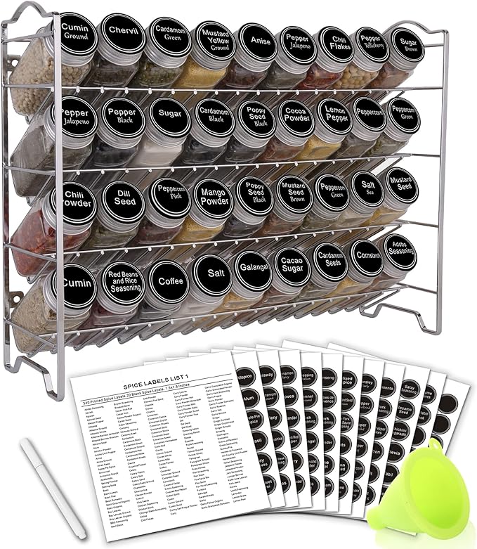 SWOMMOLY Spice Rack Organizer with 36 Empty Square Spice Jars, 396 Spice Labels with Chalk Marker and Funnel Complete Set, for Countertop, Cabinet or Wall Mount,Silver by SWOMMOLY