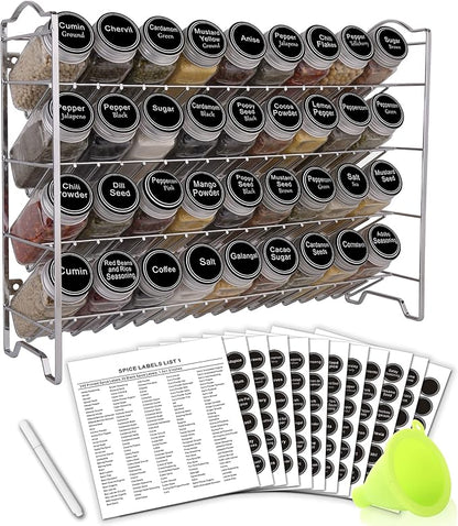 SWOMMOLY Spice Rack Organizer with 36 Empty Square Spice Jars, 396 Spice Labels with Chalk Marker and Funnel Complete Set, for Countertop, Cabinet or Wall Mount,Silver by SWOMMOLY