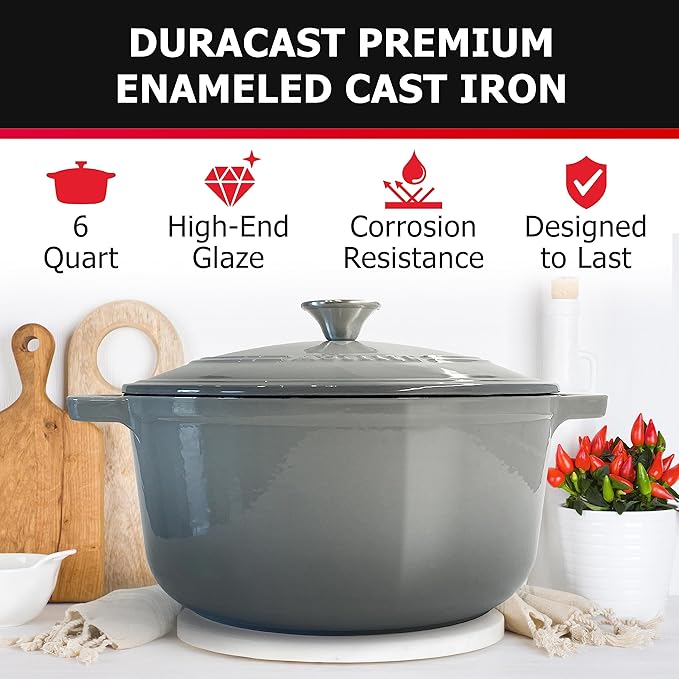 Mueller 6 Quart Enameled Cast Iron Pot Dutch Oven, Heavy-Duty Oven-Safe up to 500° F, & Across All Cooktops, Casserole Dishes for Ovens, Bread Pan with Lid and Knob, Cast Iron Cookware, Grey - Image 2