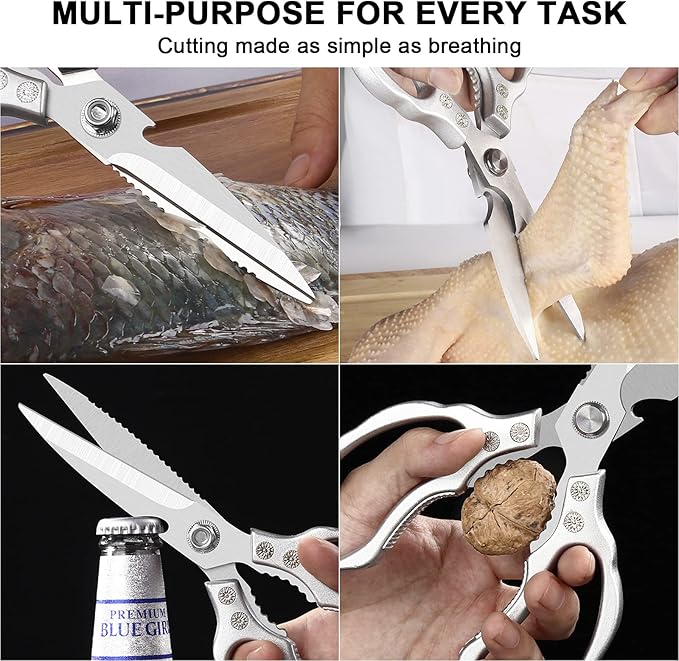 CGBE Kitchen Scissors, Multi-Purpose Kitchen Shears, Heavy Duty Dishwasher Safe Food Scissors for Chicken, Poultry, Fish, Meat & Herbs with Non-Slip Grips - Sliver - Image 5