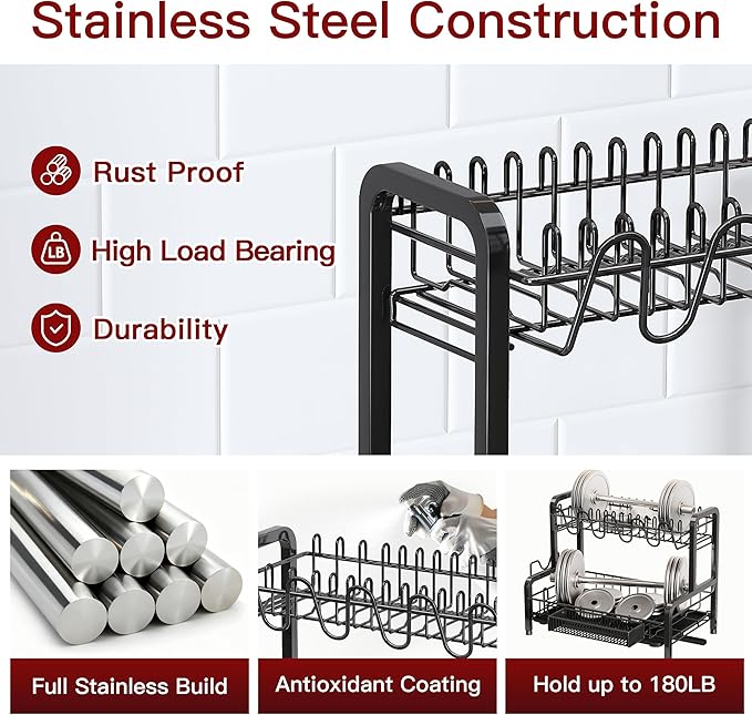 2 Tier Black Dish Drainer Drying Rack for Kitchen Counter, Large Stainless Steel Dishes Dryer with Drainboard, Space Saving, Big Rustproof Metal Modern Countertop Plates Strainer with Utensil Holder - Image 5