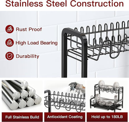 2 Tier Black Dish Drainer Drying Rack for Kitchen Counter, Large Stainless Steel Dishes Dryer with Drainboard, Space Saving, Big Rustproof Metal Modern Countertop Plates Strainer with Utensil Holder - Image 5