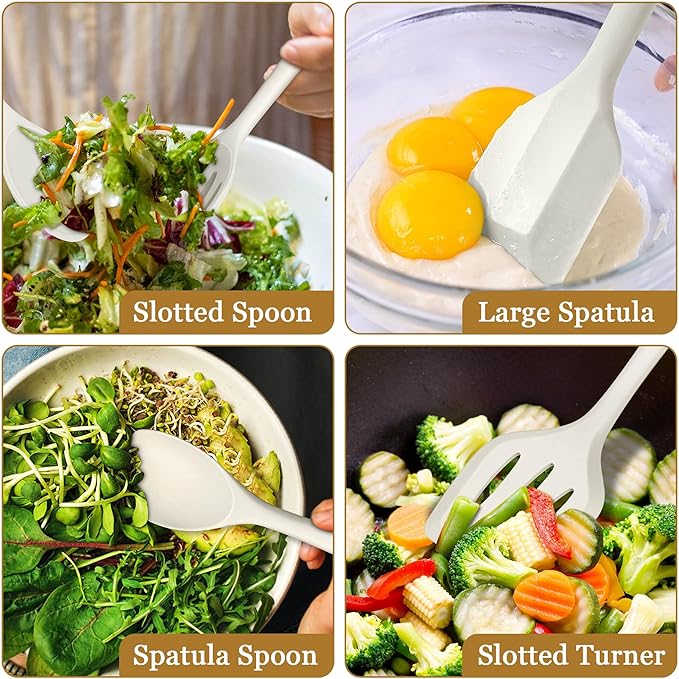 LIANYU 8Pcs Kitchen Cooking Utensils Set, Silicone Utensil Sets, Heat Resistant Kitchen Gadgets Essentials for Nonstick Cookware with Spatula, Spoon, Tuner, Ladle, Dishwasher Safe, White - Image 5