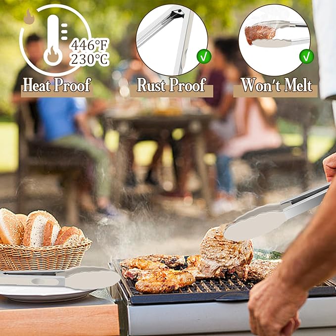 TeamFar Kitchen Tongs, 9" and 12" Stainless Steel Cooking Tongs with Silicone Tips for Cooking Grilling Serving & BBQ, Heat Resistant Silicone Tongs, Locking Design & Dishwasher Safe, Set of 2 & Khaki - Image 4