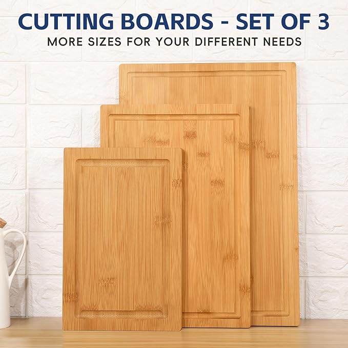 Hiware 3-piece Bamboo Cutting Boards for Kitchen, Heavy Duty Bamboo Cutting Board with Juice Groove, Wood Cutting Board Set for Meat, Vegetables - Image 2