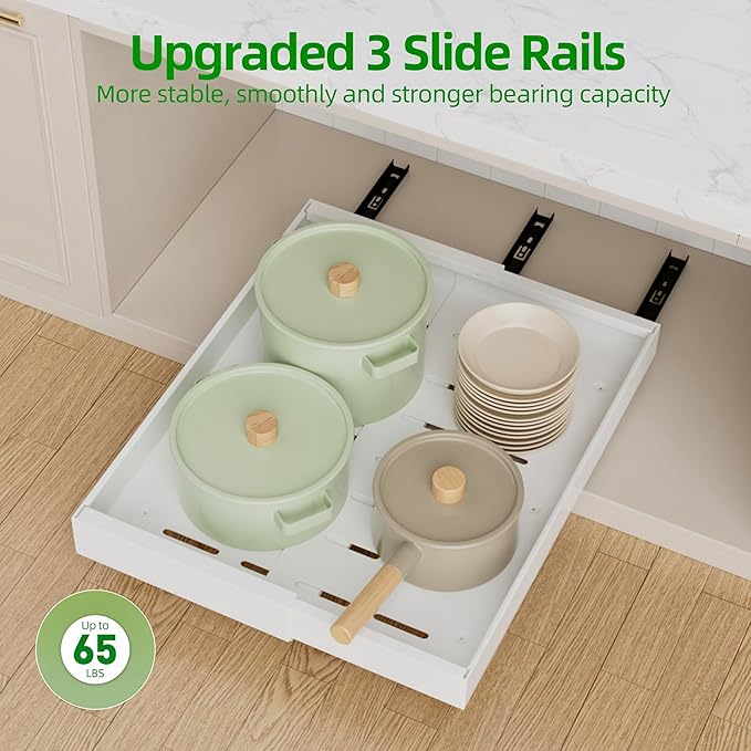 PAKETA 4 Pack Expandable Pull Out Cabinet Organizer, 21'' Deep Pull Out Drawers for Cabinet, Upgrade 3 Slide Rails Sliding Drawers for Cabinets with Adhesive Nano Film (White, 21"D X 9-14"W) - Image 7