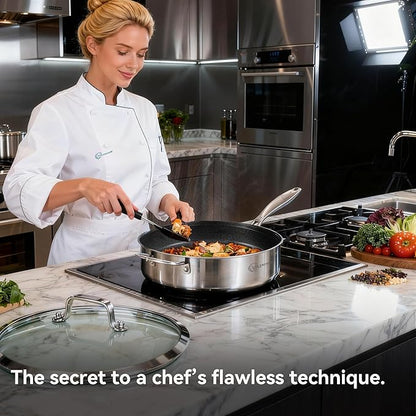 LOLYKITCH 6 QT Large Skillet with Lid, 12 Inch Nonstick Deep Frying Pan, Tri-Ply Stainless Steel Hybrid Saute Pan for Family Meals, Induction Oven Compatible Ceramic Coated, Detachable Handle - Image 6