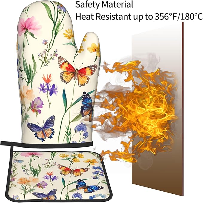 Vintage Floral Oven Mitts and Pot Holders Spring Summer Kitchen Accessories Set of 2 Wildflower Herb Flowers Gloves Potholder for Chef Cooking Baking Grilling BBQ - Image 5