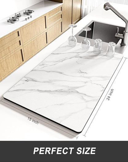 Rnivvi Dish Drying Mat for Kitchen Counter, XL 15 x 24" Cute Marble Super Absorbent Draining Pad, Non-Slip Heat Resistant Coffee Bar Mats for Coffee Machine Station Accessories, White Dish Rack Pad - Image 2